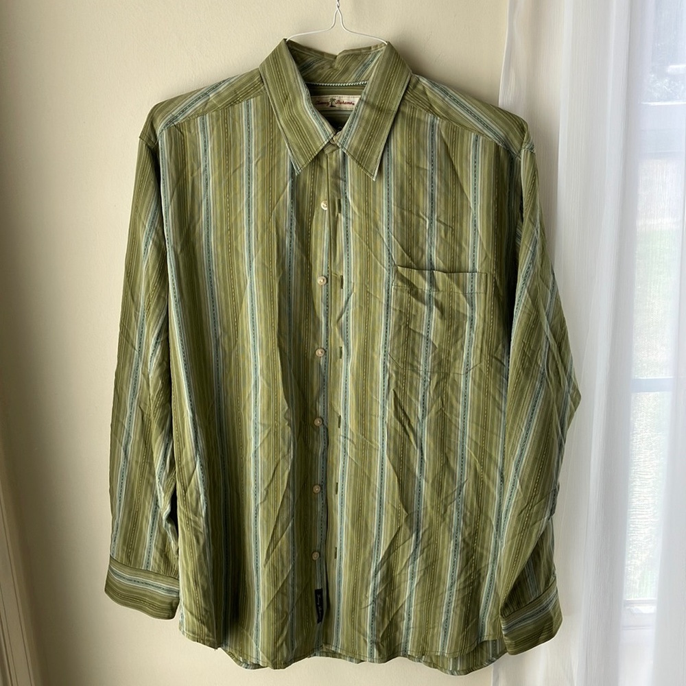 Tommy Bahama green+blue stripe button down shirt, M, 100% Silk